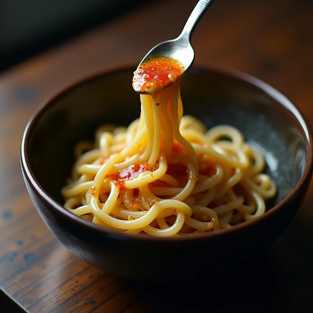 AI-created close-up of noodles lifted over a dark bowl with red sauce
