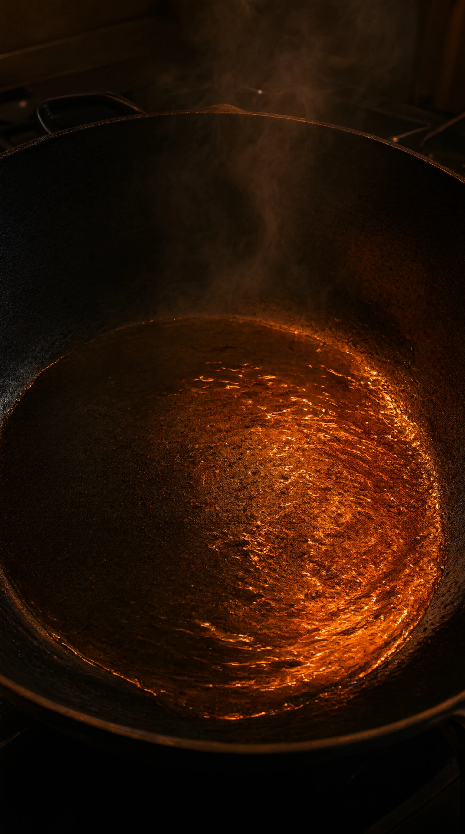 An empty pan glowing in warm orange light with wisps of steam